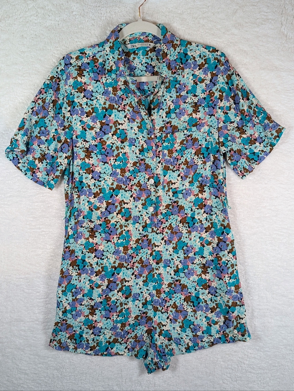 506-Zara Floral Button-Front‎ Short Sleeve Romper in Teal, Purple & Brown